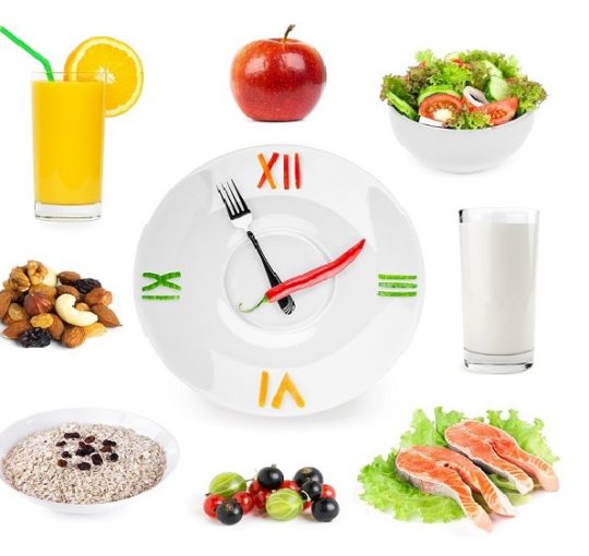 Une assiette en forme d'horloge, entourée de plusieurs aliments sains.
