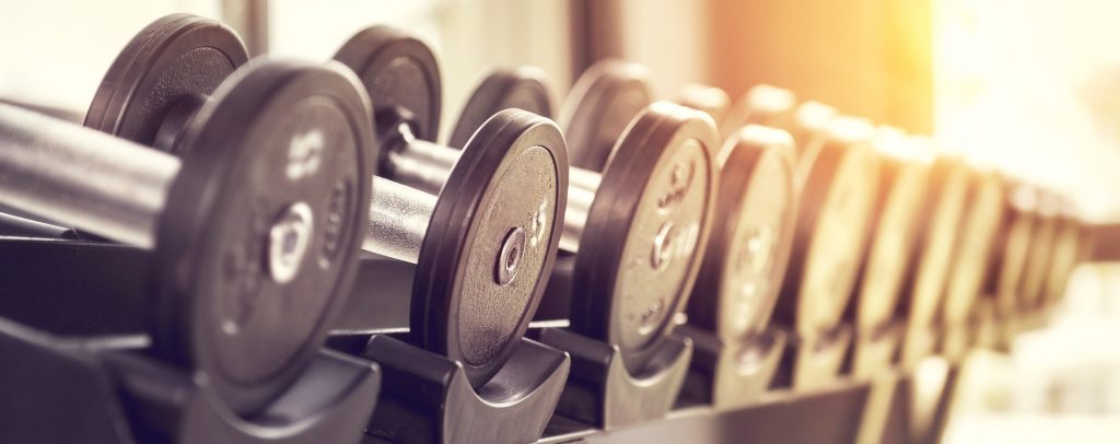 Rows of dumbbells in the gym with sunlight in morning.