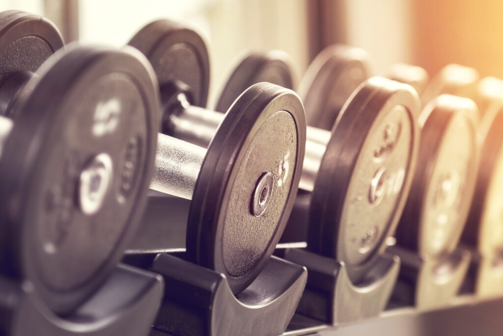 Rows of dumbbells in the gym with sunlight in morning.