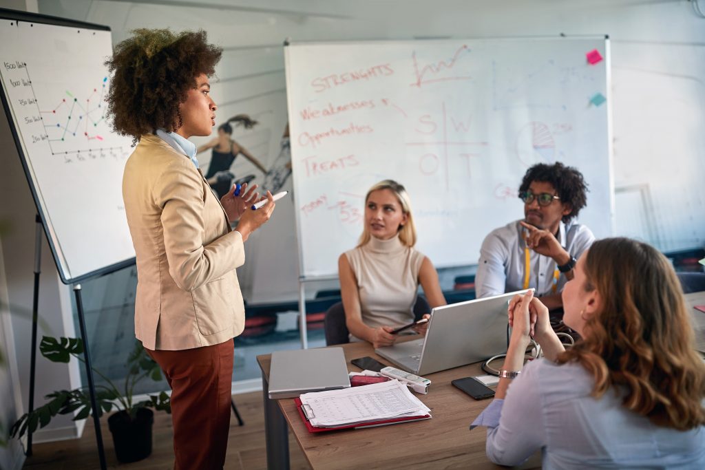 Woman afro-american leaders during the briefing, meeting, business, presentation