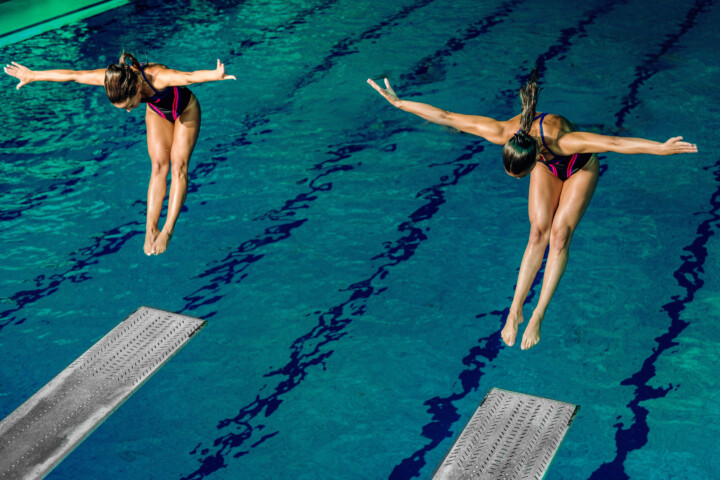 Two female divers on training or on competition.