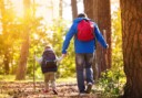 Young child and father hiking in the forest.