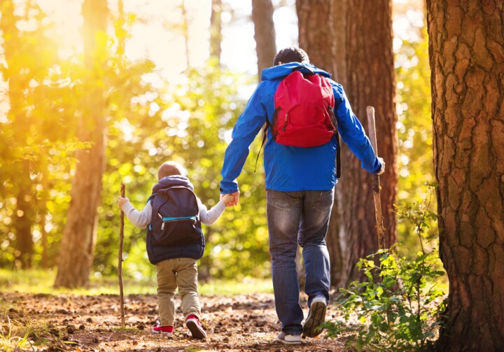 Young child and father hiking in the forest.