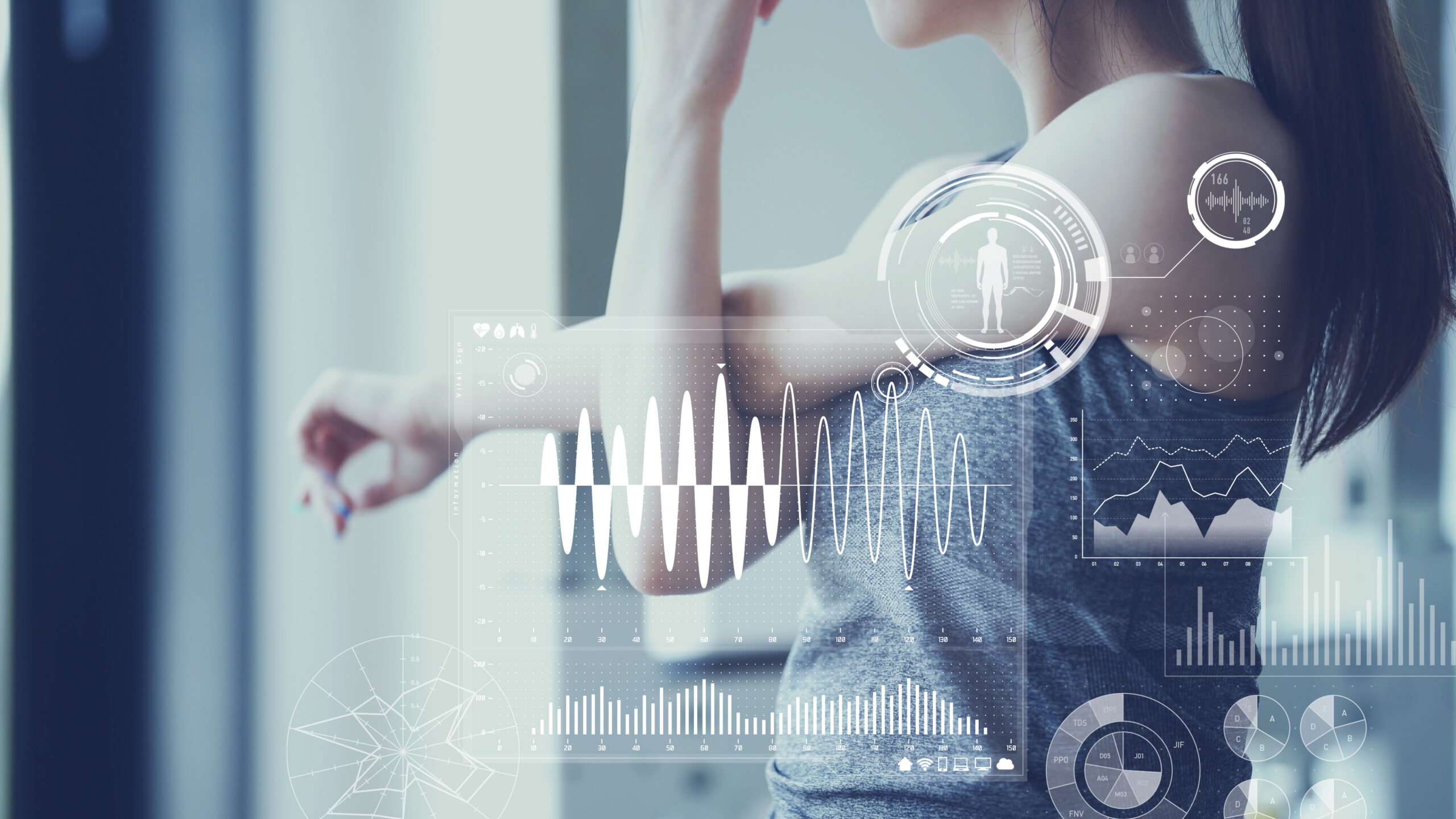 Female athlete stretching, data and facts in the background