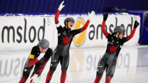 Ivanie Blondin (Ottawa, Ont.), Isabelle Weidemann (Ottawa, Ont.) and Valérie Maltais (Saguenay, Que.) made it back-to-back gold medals