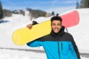 Hispanic Man Hold Snowboard Ski Resort Winter Snow Mountain Cheerful Happy Smiling Guy Holiday Extreme Sport Vacation