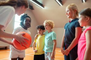 Children listening to coach explaining rules of the game.