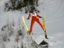 Ski jumper soars through the air
