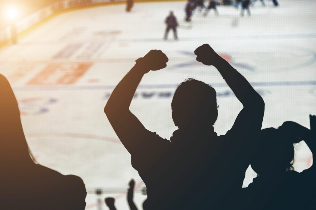 Fans cheering at hockey match.