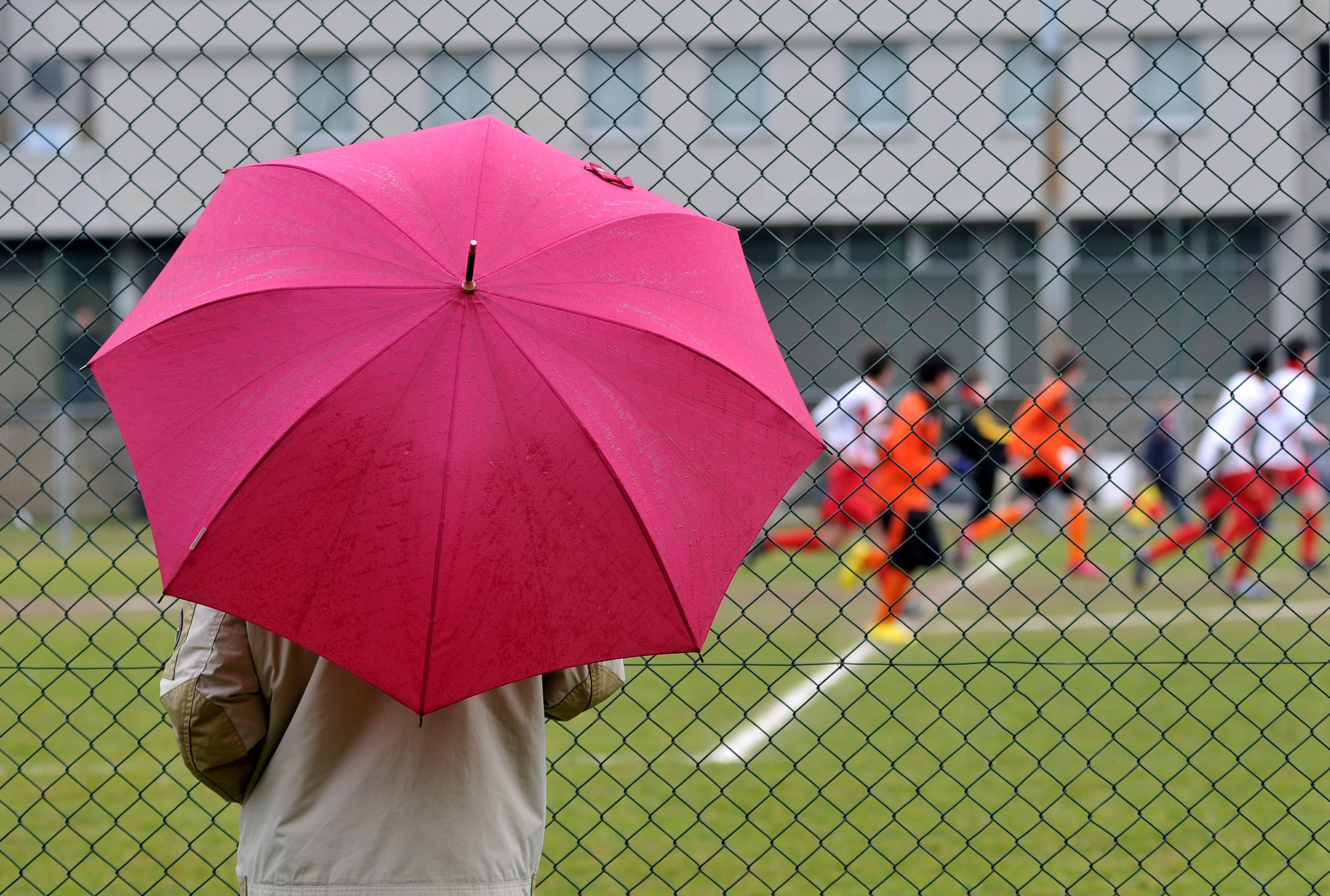 Rear view of a spectator with an umbrella watching a soccer match from the sideline.