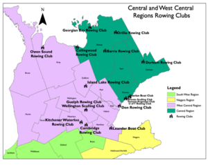 A map of rowing clubs in Central and West Central regions