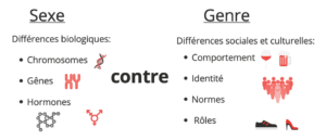 Sexe et genre Le sexe désigne les différences biologiques telles que les chromosomes, les gènes et les hormones. Le genre désigne les différences sociales et culturelles telles que le comportement, l'identité, les normes et les rôles.