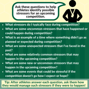 Table 3 Ask these questions to help athletes recognize how they’re similar to other athletes:  •	What are some stressors that I’ve faced that my teammates and competitors have also faced? •	What stressors have my teammates or competitors faced that I could also face? •	What are some stressors faced by other athletes that could happen to me in the upcoming competition? •	Based on the stressors faced by other athletes, what are some stressors that I should prepare for?  •	How can I learn from the stressors faced by others? •	How can I learn from unexpected stressors that I’ve faced before?