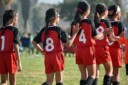 A group of young female soccer players shaking hands after the game