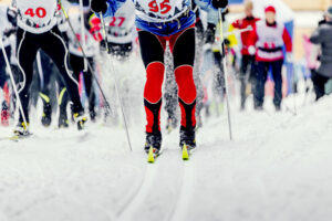 A group of skiers competing in cross-country skiing