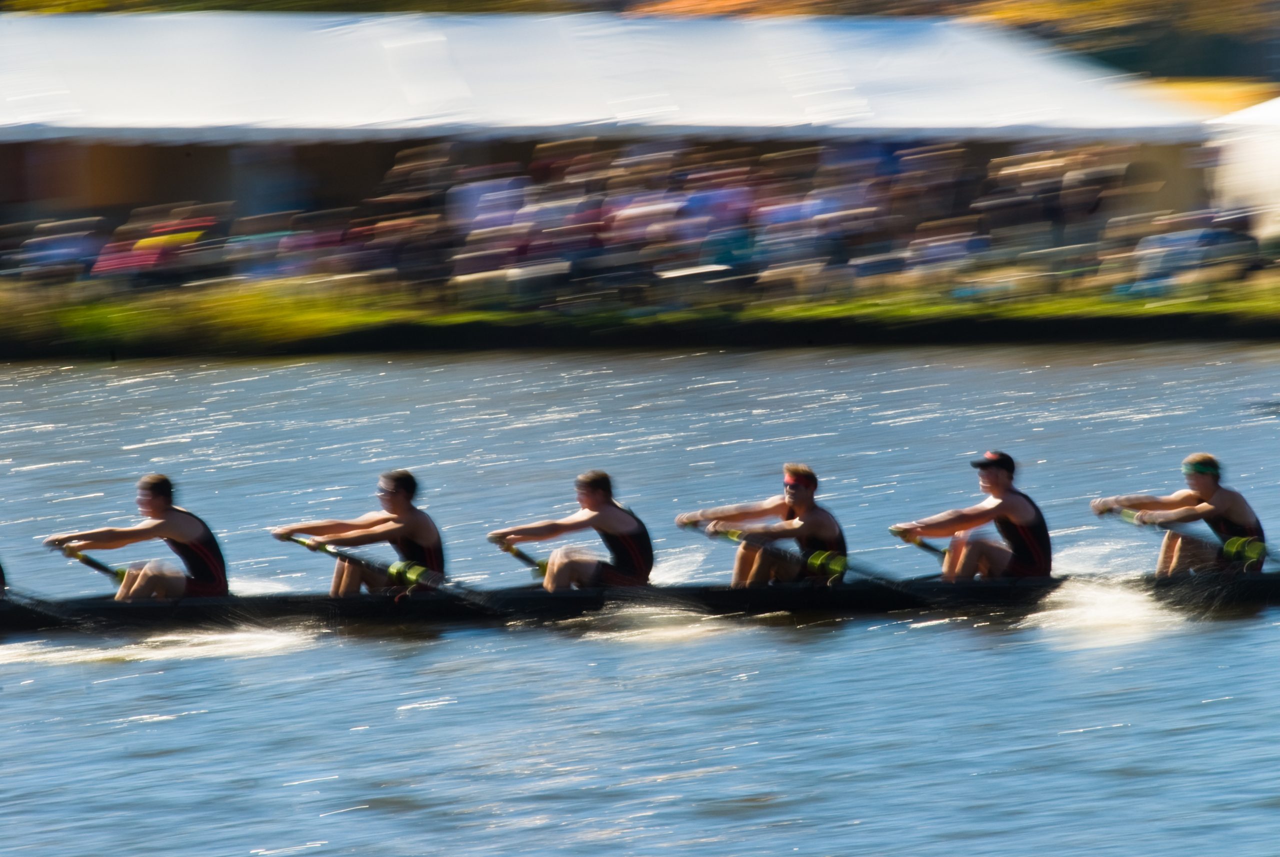 Male rowing team all pulling together