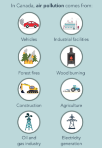 Au Canada, la pollution atmosphérique provient  : Des véhicules (voiture avec échappement) D’établissements industriels (usine avec cheminées) Des feux de forêt (arbres en feu) Du chauffage au bois (poêle à bois intérieur) De la construction (machine utilisée pour creuser les fondations et autres projets de construction) De l’agriculture (tracteur) De l’industrie pétrolière et gazière (tour à combustible fossile) De la production d'électricité (tour de transmission d'énergie)