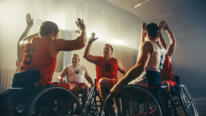 Wheelchair Basketball Game Court Winning Team Celebrate Victory